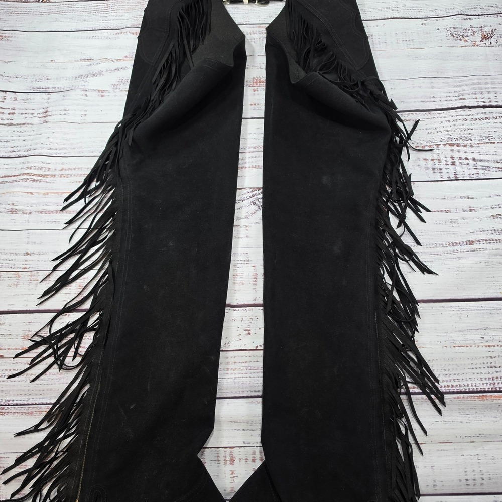 Hobby Horse Show Chaps Womens Medium Black Good Ultrasuede Fringe Western Riding - Picture 4 of 16